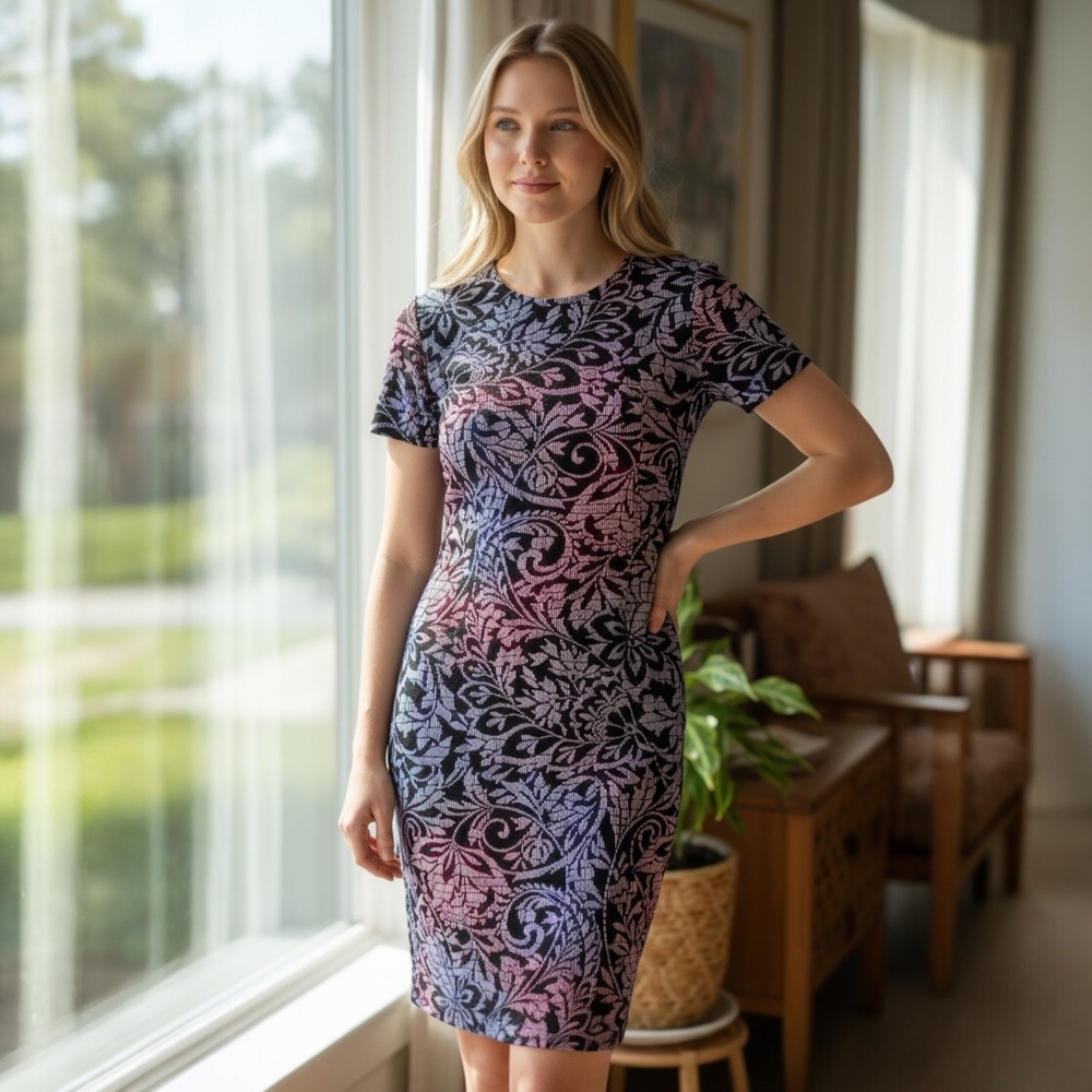 London Times Sheath Dress 8 Purple Black Floral Paisley Office Evening Abstract - Picture 10 of 10